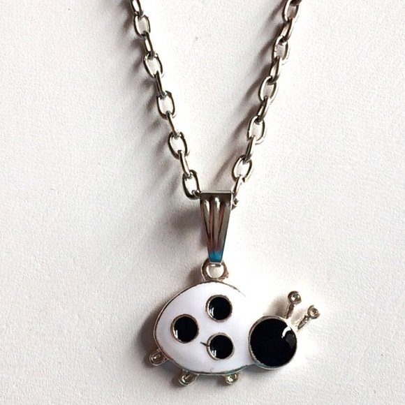 Ladybug Necklace 20" Black White Enamel Insect Beetle Bug Silver Plated - Picture 2 of 11